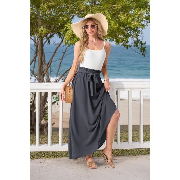 Elegant Women's Boho Floral Maxi Skirt - Comfortable High Waisted Design, Grey - Picture 3 of 5